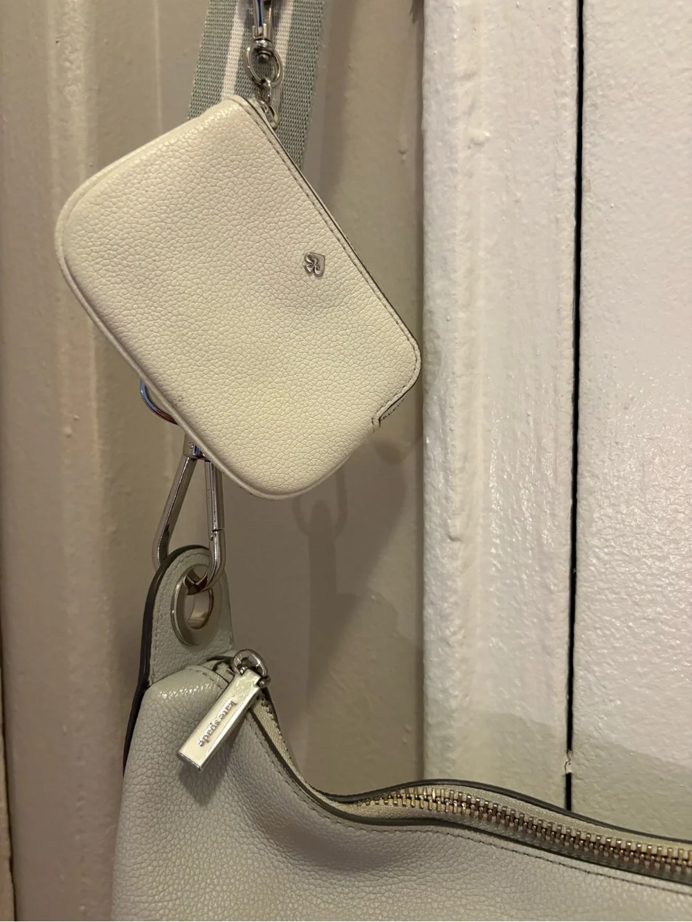 kate spade Pale Gray Pebbled Leather Shoulder Bag with Striped Strap